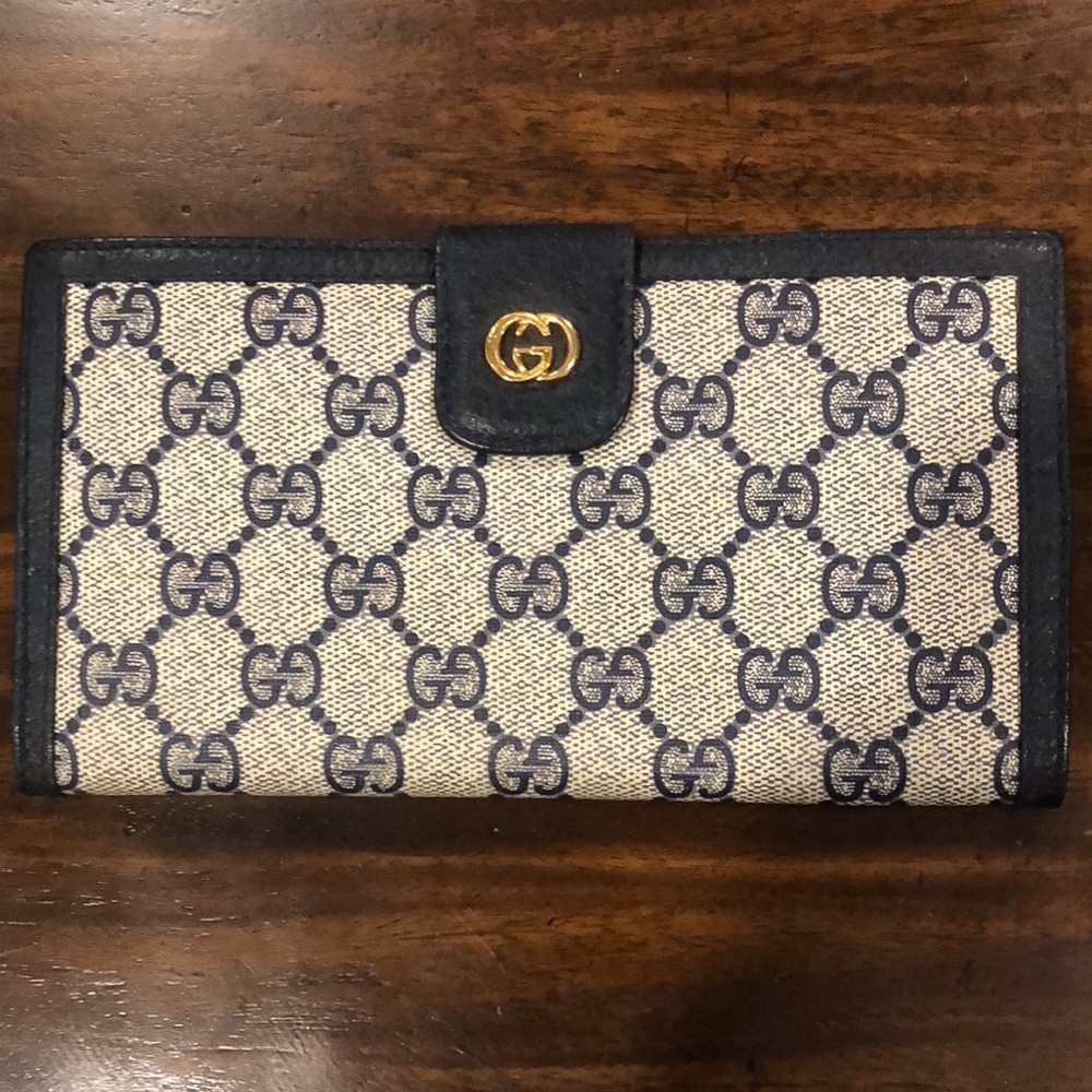 GUCCI GG Monogram Navy Blue Leather Accent Long Bifold Wallet Vintage